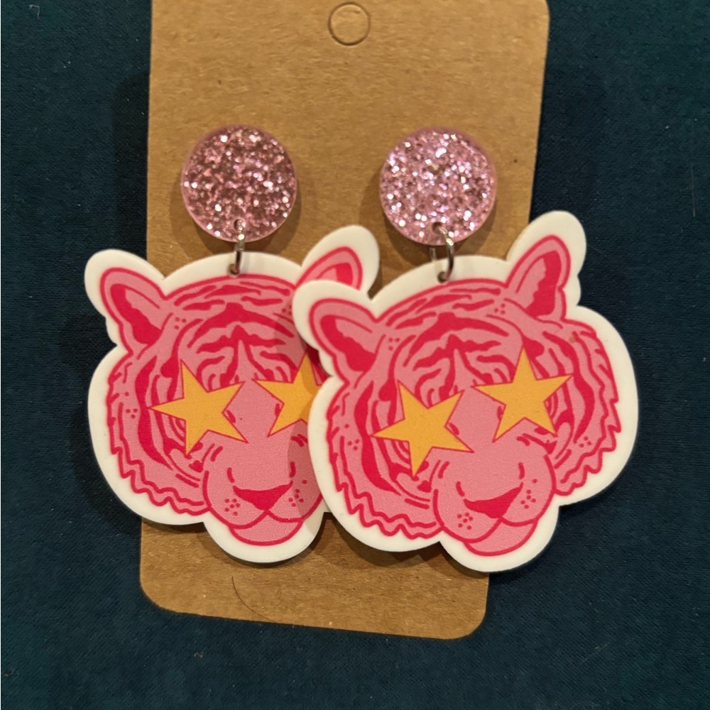 Fun pink tiger earrings Nashville style earrings.